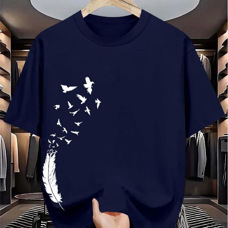 Men's Pure Cotton Summer Casual Loose Fashion Bird Creative Pattern Printed Round Neck T-shirt Versatile Top