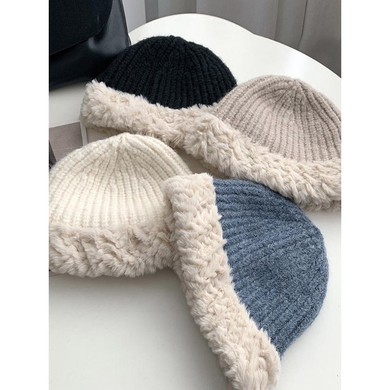 Women's Big Head Wool Hat with Versatile Face In Autumn and Winter Small Knitted Hat with Thickened Warm Plush Ear Protection Fisherman's Hat