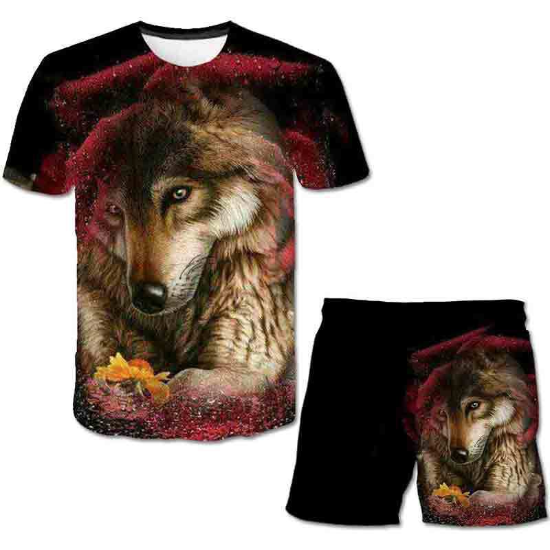 Animal Men's Set 3D T-shirt Round Neck Short Sleeved Digital Printed Casual Beach Outfit Suit