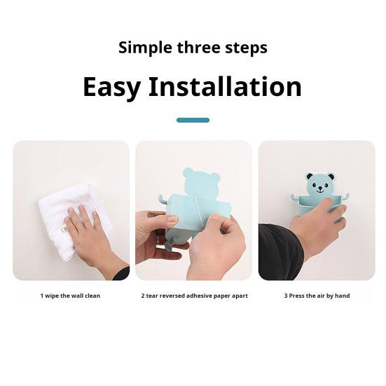 Bedside Phone Charging Storage Bracket Wall Mounted Self-adhesive Punch-free Anti-slip Cartoon Bear Shape with Multi Hooks Phone Holder Organizer