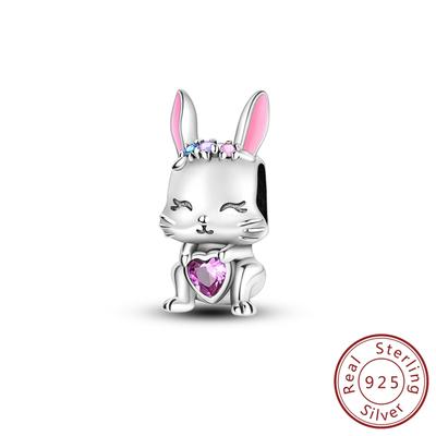 Charms Kupferrosa Niedlicher Hase Herzförmige Perlen Passend für Plata Original Armband Damen Schmuckherstellung DIY Geschenke