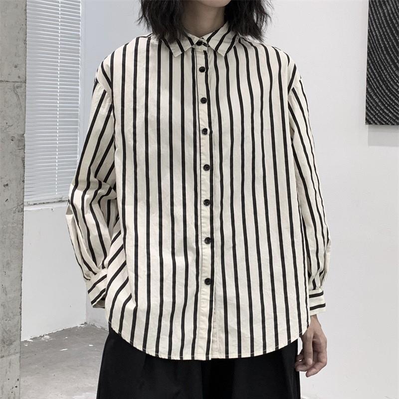 Johnature Simple Loose Striped Long Sleeve Shirt Spring Lapel Casual Loose Women Shirts