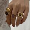 Stainless Steel Vintage Irregular Tiger Eye Stackable Rings For Women Gold Plated Hammered Wide Band Finger Ring Party Jewelry