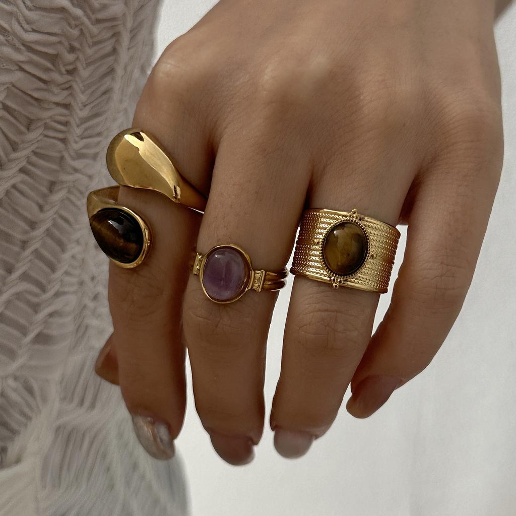 Stainless Steel Vintage Irregular Tiger Eye Stackable Rings For Women Gold Plated Hammered Wide Band Finger Ring Party Jewelry