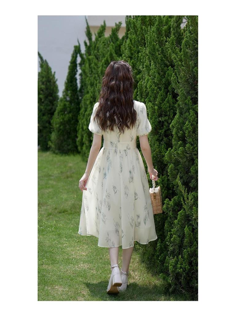 Women's Summer Qipao Dress: Chinese-Inspired Floral Print, Waist-Cinching, Puff Sleeves, Zipper, Mid-Length A-Line