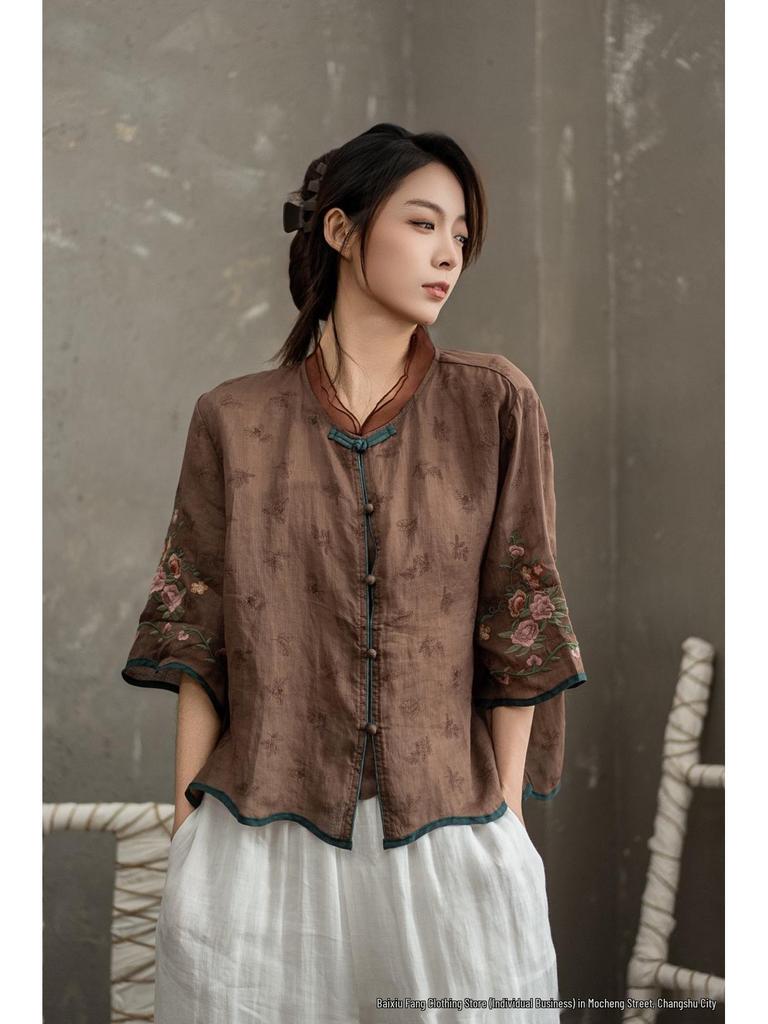 2025 Ethnic Style Ramie Shirt - Lightweight Embroidered Spring/Summer Chinese Design