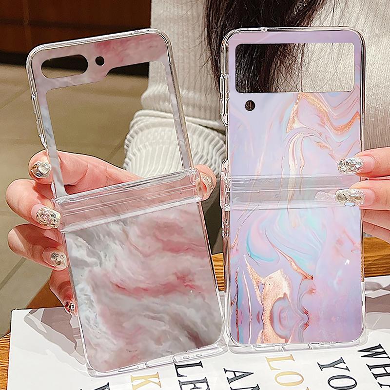 Ink Marble Pattern Clear Phone Case For Samsung Galaxy Z Flip5 Flip7 Flip6 Folding Hard Cover For Samsung Z Flip 7 6 5 4 3 5G