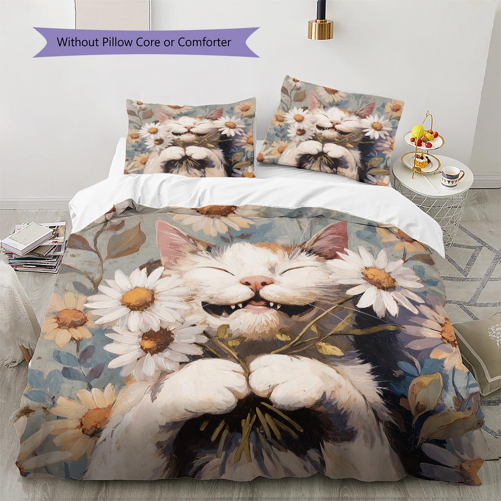 Cat Holding Flowers Pattern Bedding Quilt Set Home Decoration Gift (1 * Duvet Cover + 2 * Pillowcase, Without Core)