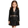 Kinder Mädchen Funkelndes Pailletten Bühnen Set Revers Langarm Ein-Knopf Crop Cardigan Jacke und Faltenrock 2-teiliges Auftritts Outfit