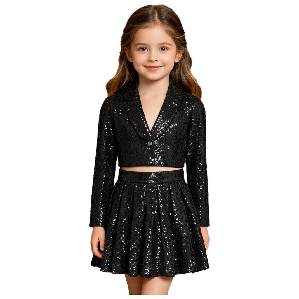 Kinder Mädchen Funkelndes Pailletten Bühnen Set Revers Langarm Ein-Knopf Crop Cardigan Jacke und Faltenrock 2-teiliges Auftritts Outfit