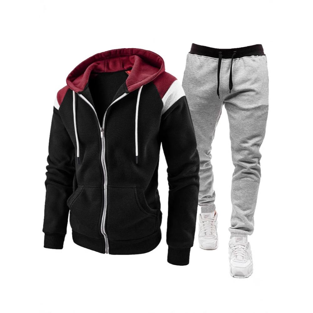 Men s Color Blocking Fashion Hoodie Set Casual Sports L чёрный