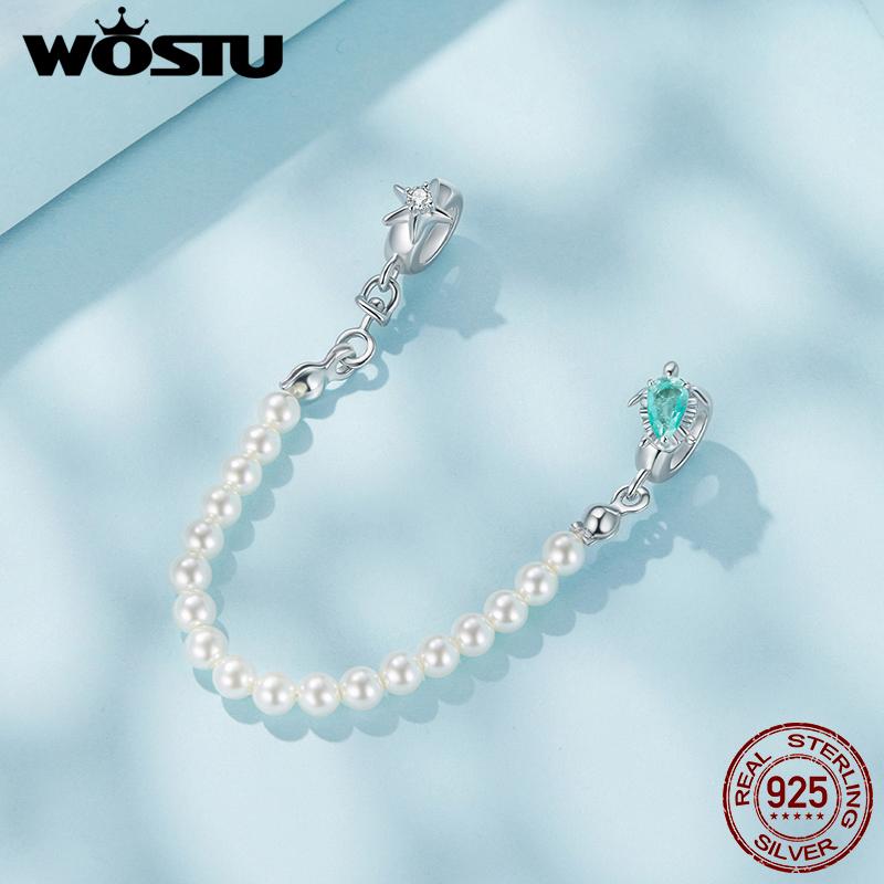 WOSTU Ocean Jewelry 925 Silver Sea Turtle Starfish Pearl Silicone Safety Chain Charm Pearl Chain Beads Fit DIY Bracelet