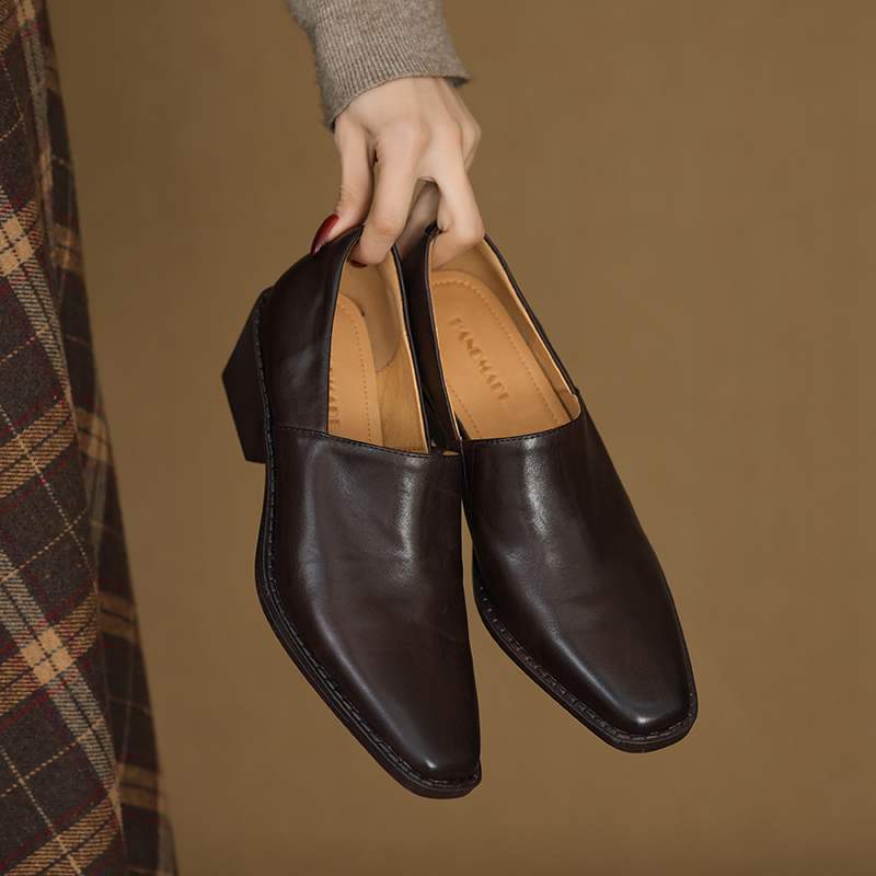 Krazing Pot Cow Skin Fashion Spring Autumn Thick High Heels Women Round Toe Office Lady Retro Fashion Pumps