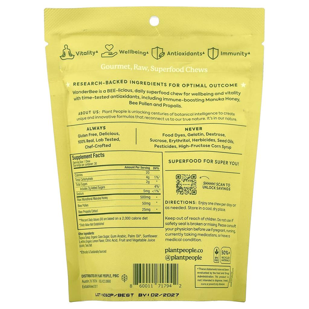 Plant People, wonderBee®, Superfood Honey Chews, Lemon, MGO 400+, 30 Chews