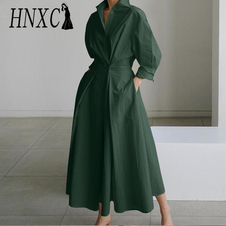 HNXC Women Casual Loose Long Dress Turn-down Collar Long Sleeve