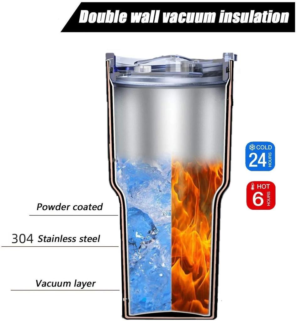 Gobelet 30 oz Double paroi Acier inoxydable Isolé sous vide Mug de voyage avec couvercle anti-éclaboussures Paille en métal et brosse