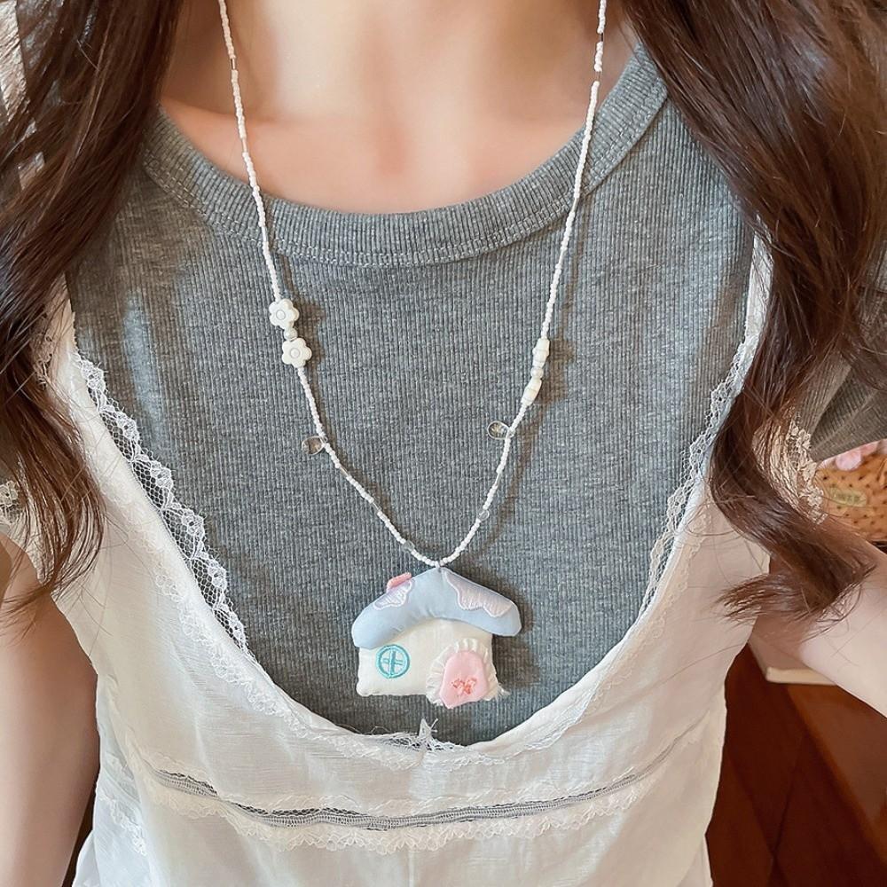 Flower Korean Beaded Necklace Cloth House Shape Clavicle Necklace Pink Blue Bohemian Choker  Beach