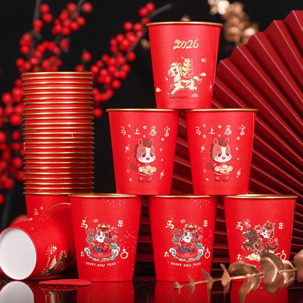 50pcs Horse Pattern 2026 Spring Festival Disposable Cup Gold Foil Drinking Tea Cup  Family Dinner