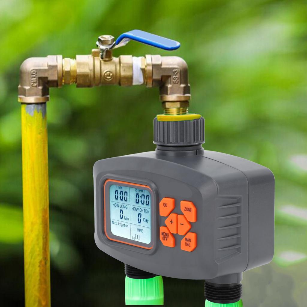 2 Outlet Hose Watering Timer with Rain Sensor, Automatic Irrigation Controller for Lawns, Gardens, Plants, G3Celsius4 Male to G1Celsius2 Female Adapte