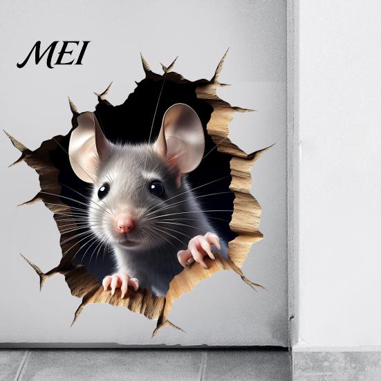 Realistic Animal Decal for Windows Grey Mouse Peeking Wall Decal, 3D Hole Effect Sticker, Removable Three Dimensional Sticker PVC Art Living