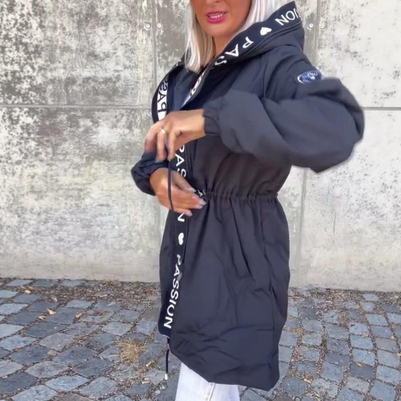 Womens Winter Casual Hooded Zip-Up Letter Print Cotton Puffer Coat With Pockets