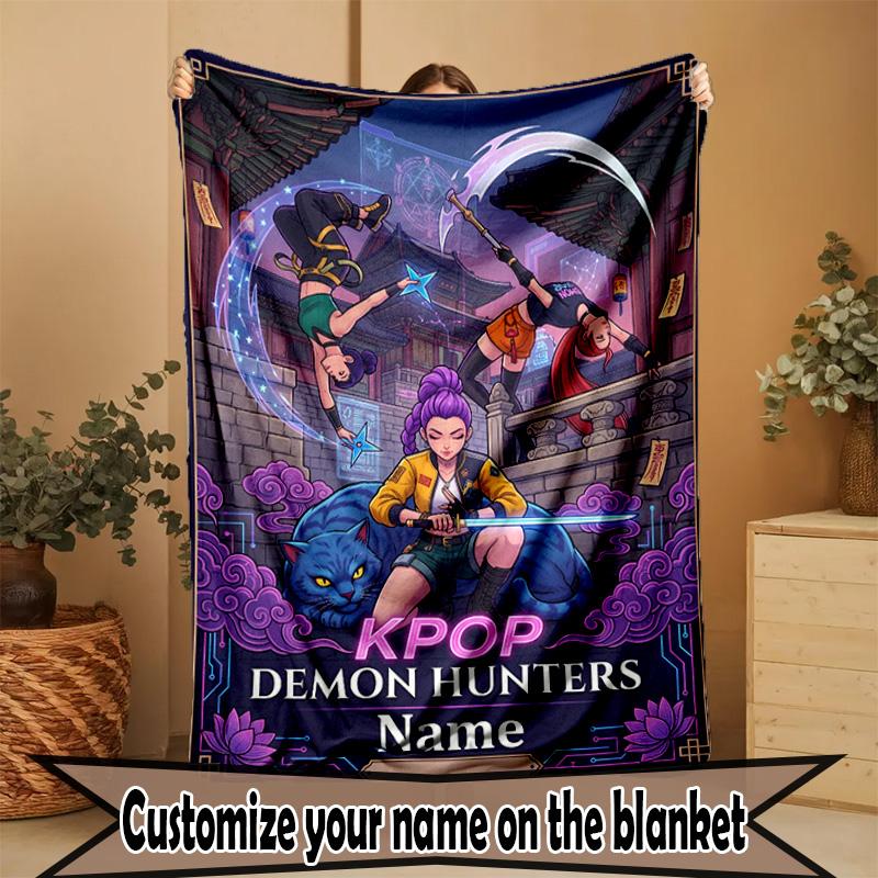 Custom Name Personalized Kpop Demon Hunter Print Blanket, Home Decor, Bedroom, Sofa, Camping, Couch, Gifts for Birthday Christmas