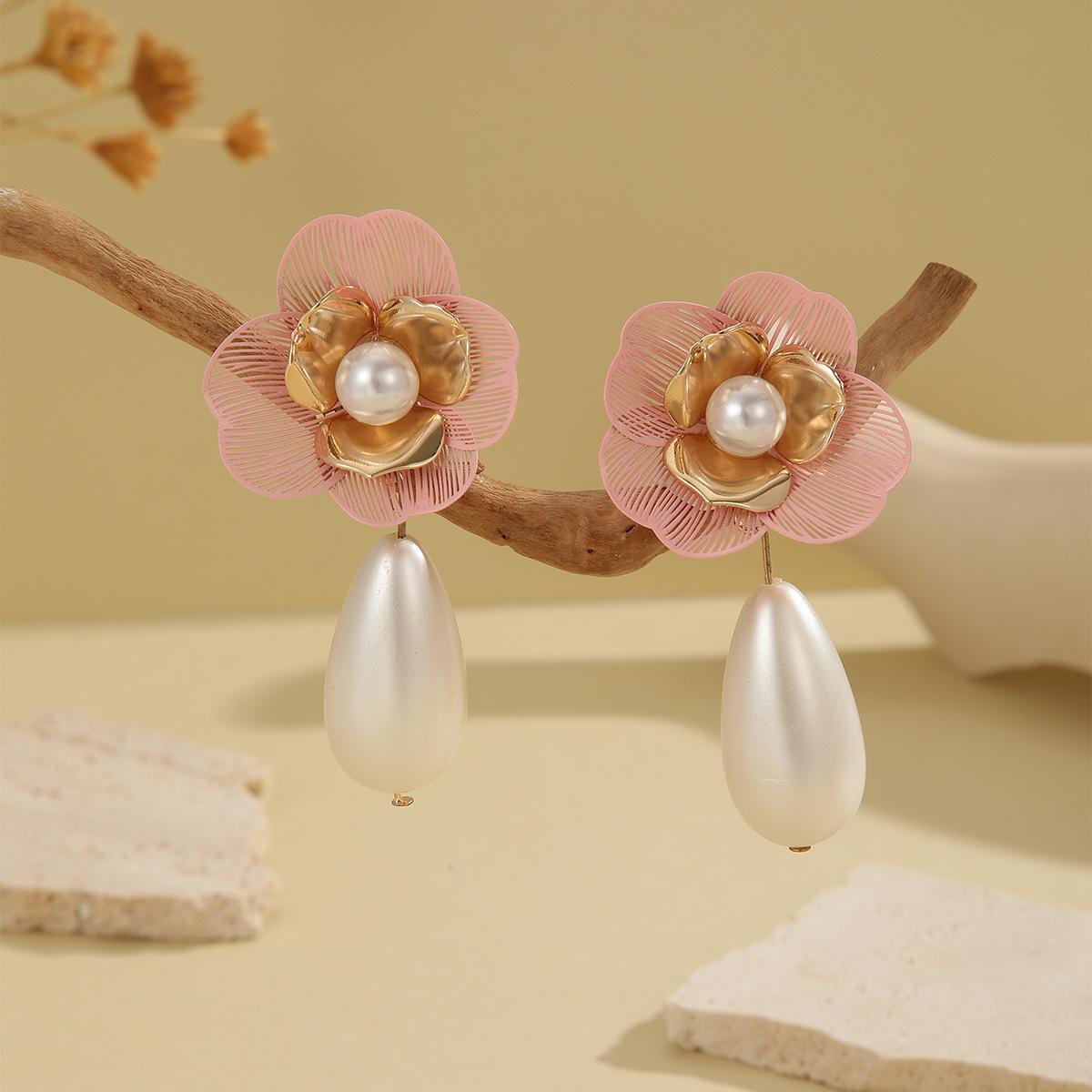 

Летние серьги-капли воды с жемчугом и цветами в европейском и американском преувеличенном стиле для женщин розовый