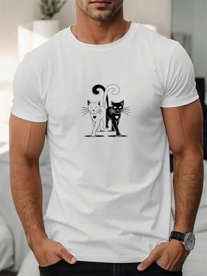 Unisex'S Casual T-Shirt With Cat Tail Hook Pattern - Summer Short Sleeve Round Neck Solid Color Knit Fabric - Adult Unisex Regular Fit