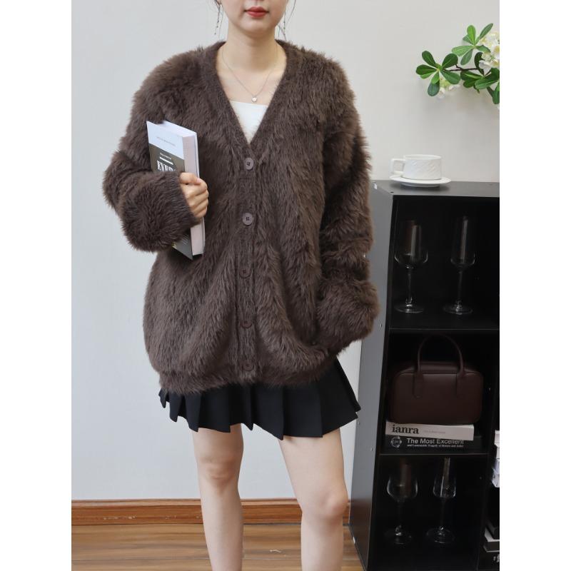 V-neck imitation mink velvet knitted cardigan autumn and winter new loose and gentle wind soft waxy sweater jacket women