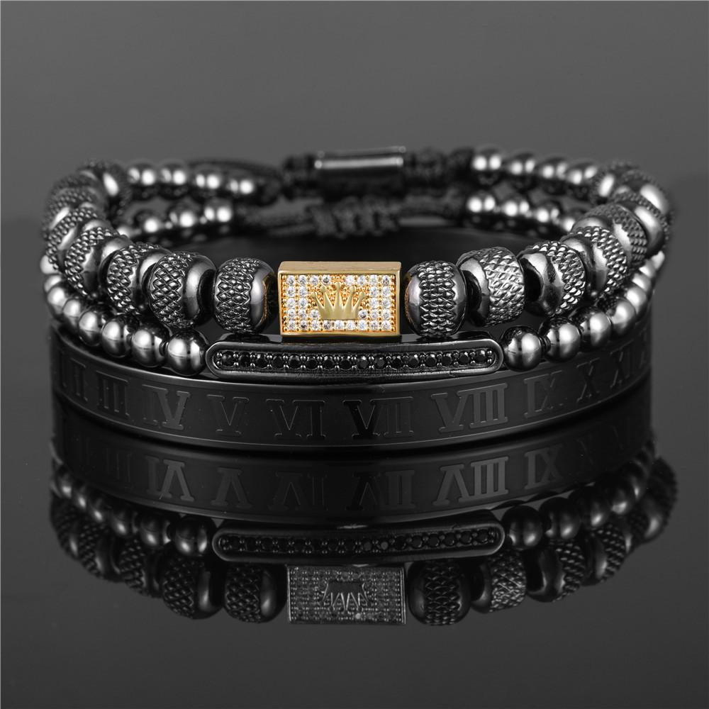 European and American retro crown woven bracelet, Roman letter stainless steel mesh open bracelet set three pieces men