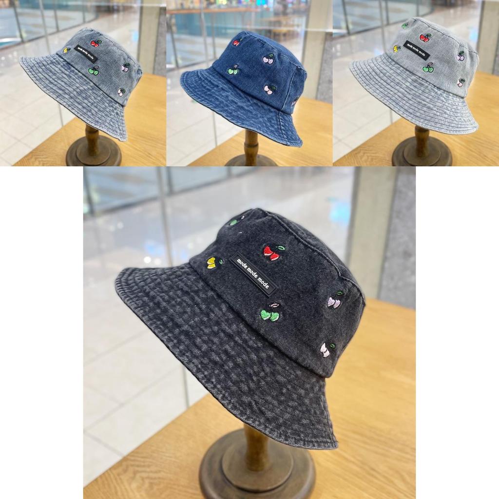 Cute Cherry Embroidery Denim Fisherman Hat Women's Fashion Street Casual Bucket Hat