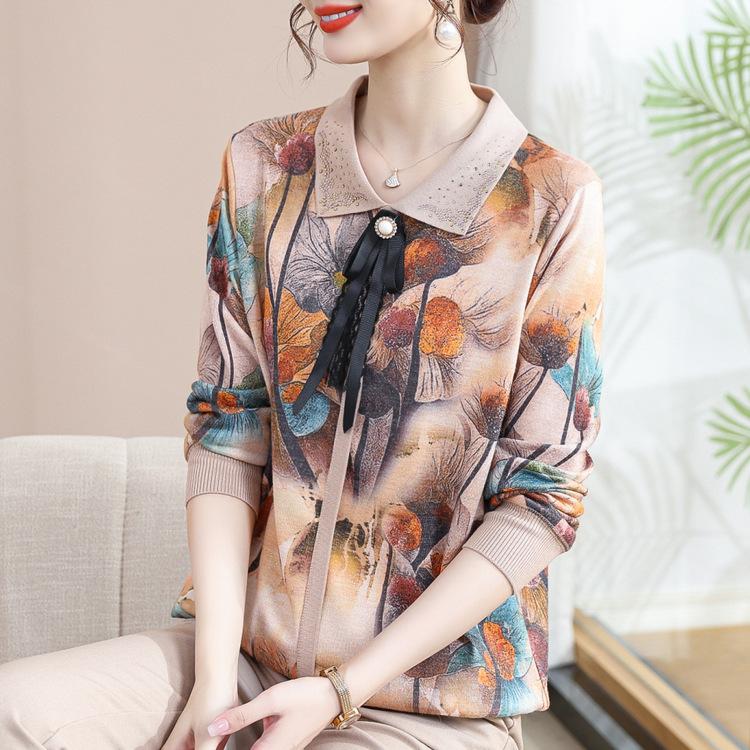 Middle-aged Mother Autumn New Long-sleeved Sweater Thin Middle-aged and Elderly Knitted Sweater Women