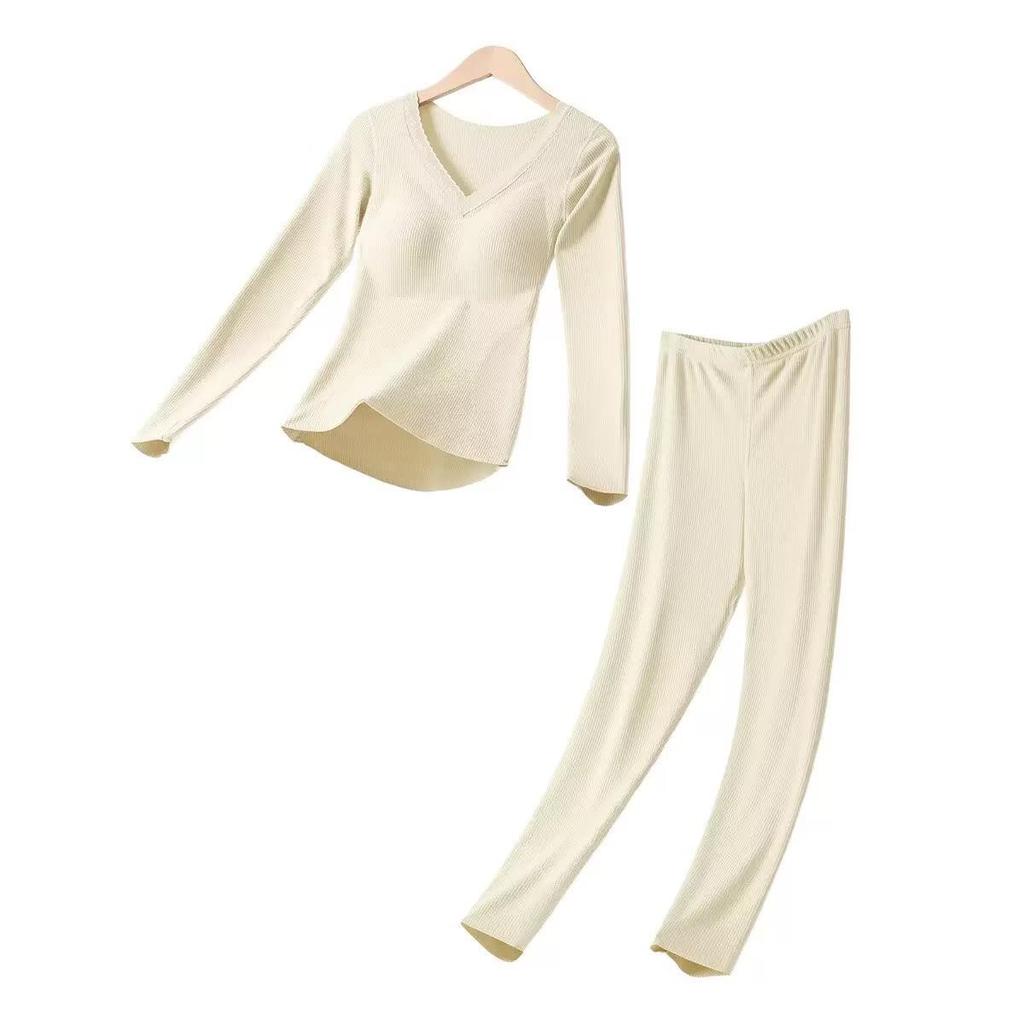Women’s Cashmere Silk Slimming Underwear Set with Built-In Bra: Warm Cotton-Wool Long Sleeve Top & Bottoms for Autumn/Winter