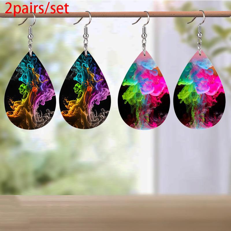 

Красочные серьги-капли из искусственной кожи с дымчатым туманом, креативные серьги, праздничные серьги для вечеринки, двухсторонний дизайн с узором, ювелирные изделия, женские подарки