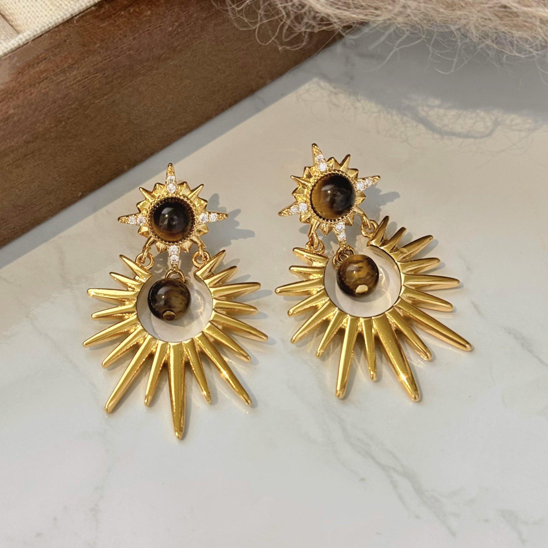 Серебряные серьги-гвоздики с цирконом и тигровым глазом, форма «Звездный взрыв», ретро-люкс