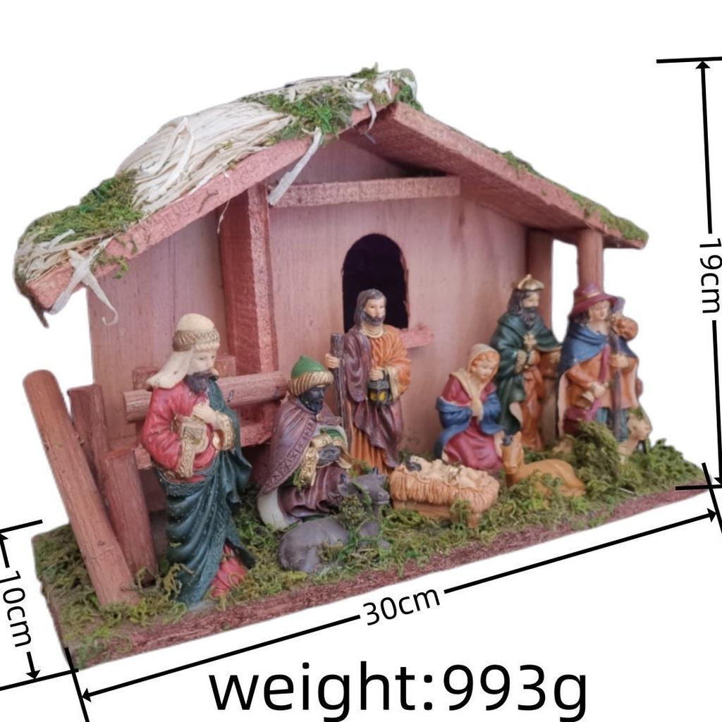 European Christmas Nativity Large Wooden Cottage Ornament Set For Table Centerpiece And Mantel Holiday Gift