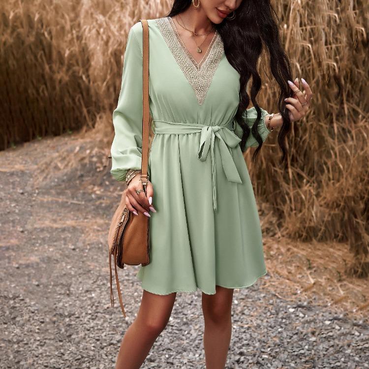 Elegant Women High Waist V Neck Lace Dress Long Sleeve Solid Fashion Mid Length Spring Autumn Dress