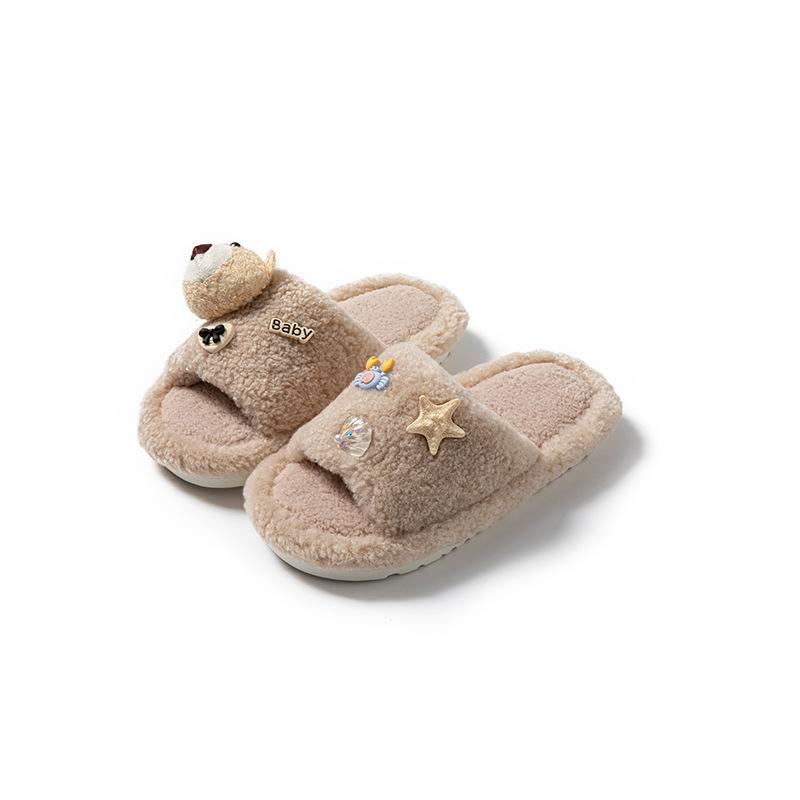 Bear open cotton slippers ins warm fluffy slippers cartoon contrasting plush slippers