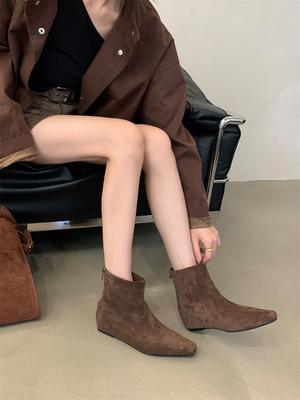 Fashion Round Toe Women Ankle Boots Flock Sock Boots 2024 New Arrivals Fashion Wedge Mid Heels Back Zipper Short Bootie Size 35-39