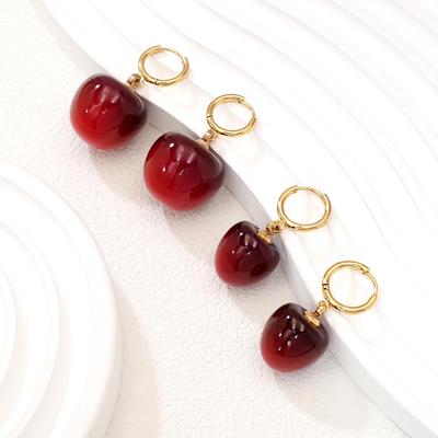 Wine Red Cherry Earrings for Women, Designer Titanium Steel Pendant, Versatile Fashion Jewelry