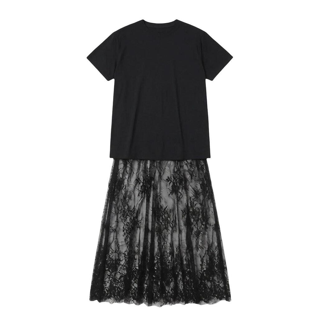 Abito da Donna in Pizzo Manica Corta Girocollo Patchwork T-shirt Abito Lungo Estivo Casual Leggero Abito Stratificato