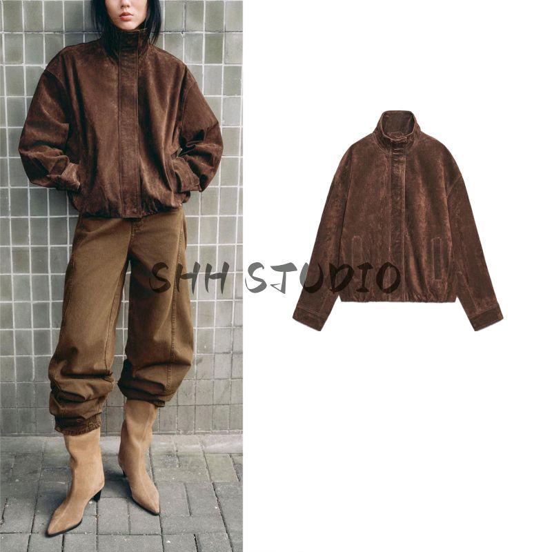 Autumn New Women clothes Minimalist Elastic Hem Zip-up Suede Stand Collar Long sleeve Jacket 4341878