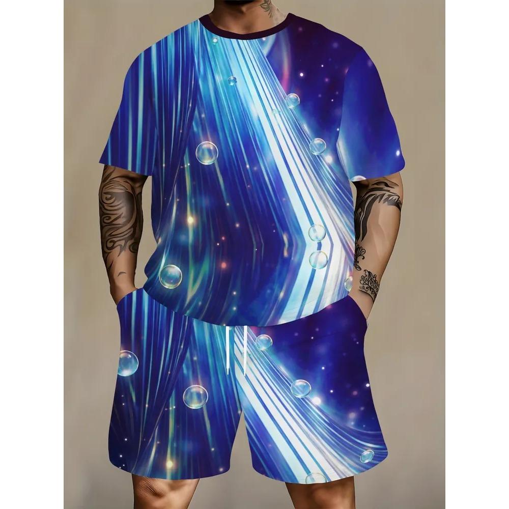 Summer Men's Fun Colorful Creativity 3D Printing Casual Sports Round Neck Short Sleeved Set Fashionable Comfortable Breathable Large Size Sports Wear