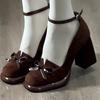 French Vintage High Heels Women's New 2025 Small Size Bow Knot Slip-On Thick Heel Single Shoes Round Toe Polyurethane Cushioning