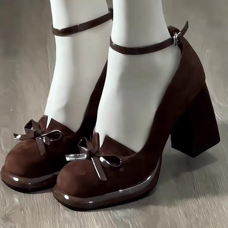 French Vintage High Heels Women's New 2025 Small Size Bow Knot Slip-On Thick Heel Single Shoes Round Toe Polyurethane Cushioning
