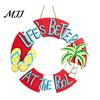Summer Party Supplies Wooden Swim Ring Hanging Sign for Pool Decoration, Beach Theme Wall Rustic Decor Art with Hemp Rope, Double Layer Seaside
