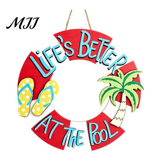 Summer Party Supplies Wooden Swim Ring Hanging Sign for Pool Decoration, Beach Theme Wall Rustic Decor Art with Hemp Rope, Double Layer Seaside