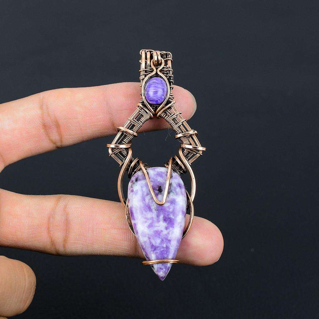 Amethyst, Charoite Gemstone Pure Copper Wire Wrapped Handmade Pendant Jewelry