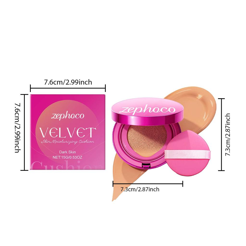 Zephoco Velvet Moisturizing Cushion Foundation - Natural Coverage, Soft Radiant Finish, Long-Lasting Adherent Makeup for Deep Skin Tones.