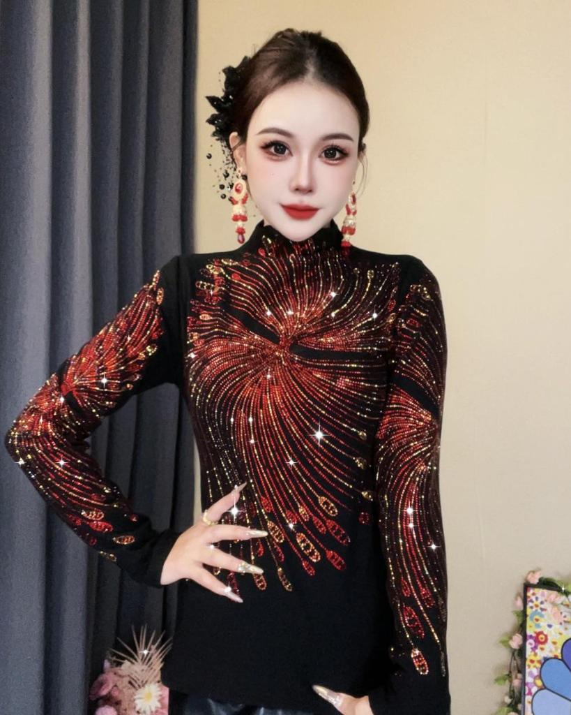 De Rong Women's Rhinestone Long-Sleeve Turtleneck: Stylish, High-End Base Layer for Fall/Winter